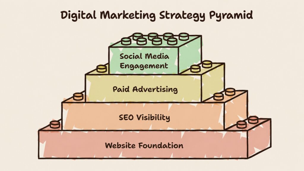 Digital marketing strategy pyramid showing key elements of a successful digital marketing strategy, from foundational planning to execution, optimization, and growth.
