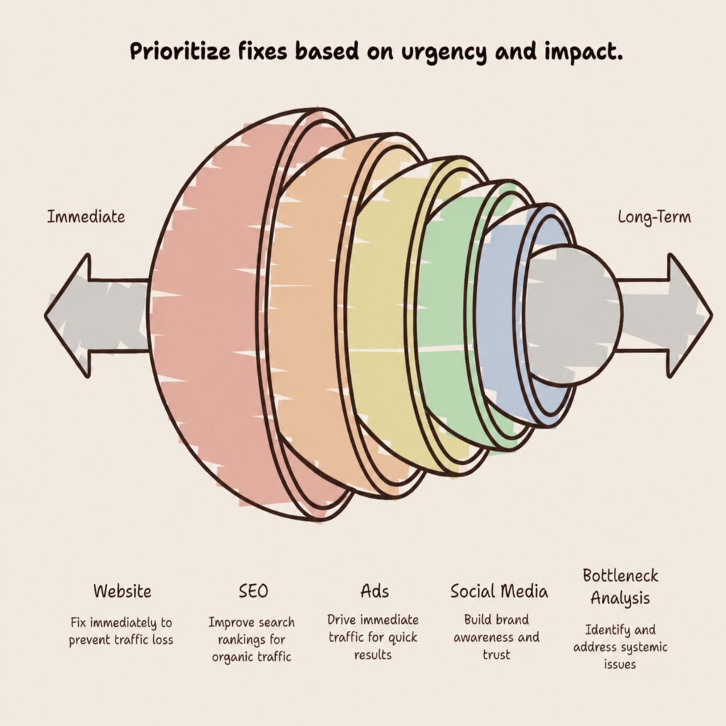 Graphic illustrating how to prioritize website fixes based on urgency and potential business impact.
