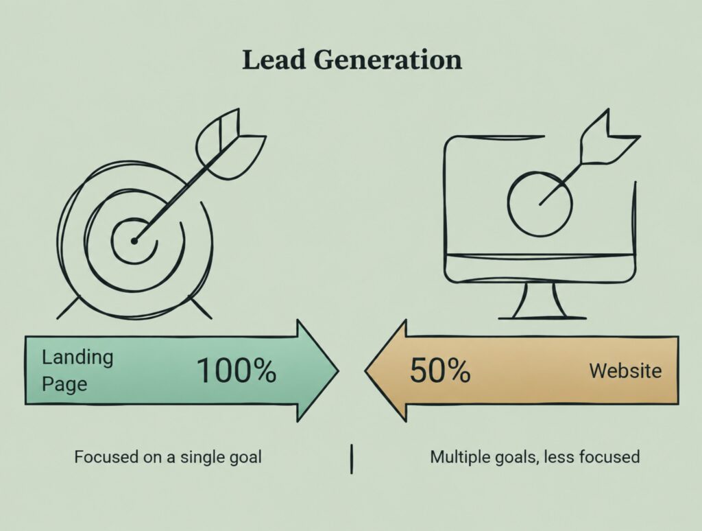Landing Page vs Website – comparison showing a landing page focused on a single lead-generation goal versus a website with multiple goals and less focus.
