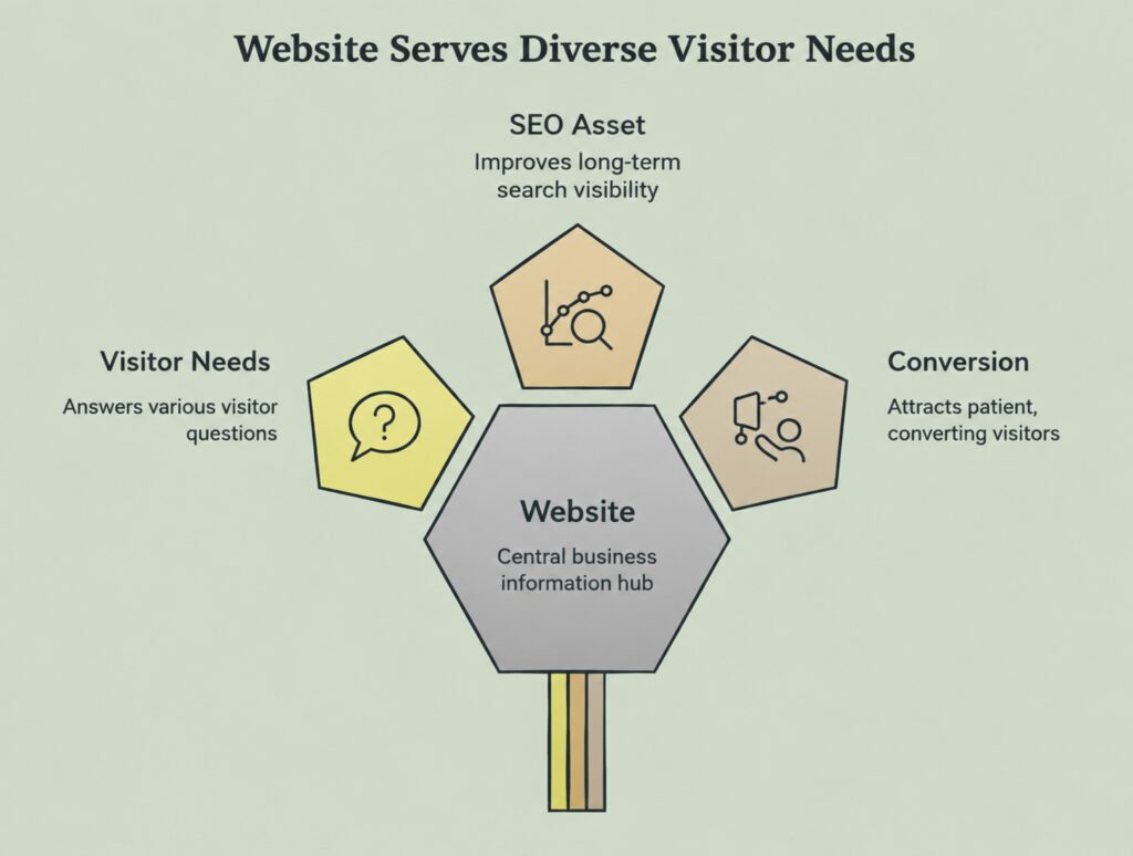 Website infographic showing how a website serves diverse visitor needs through SEO visibility, answering visitor questions, and converting visitors.
