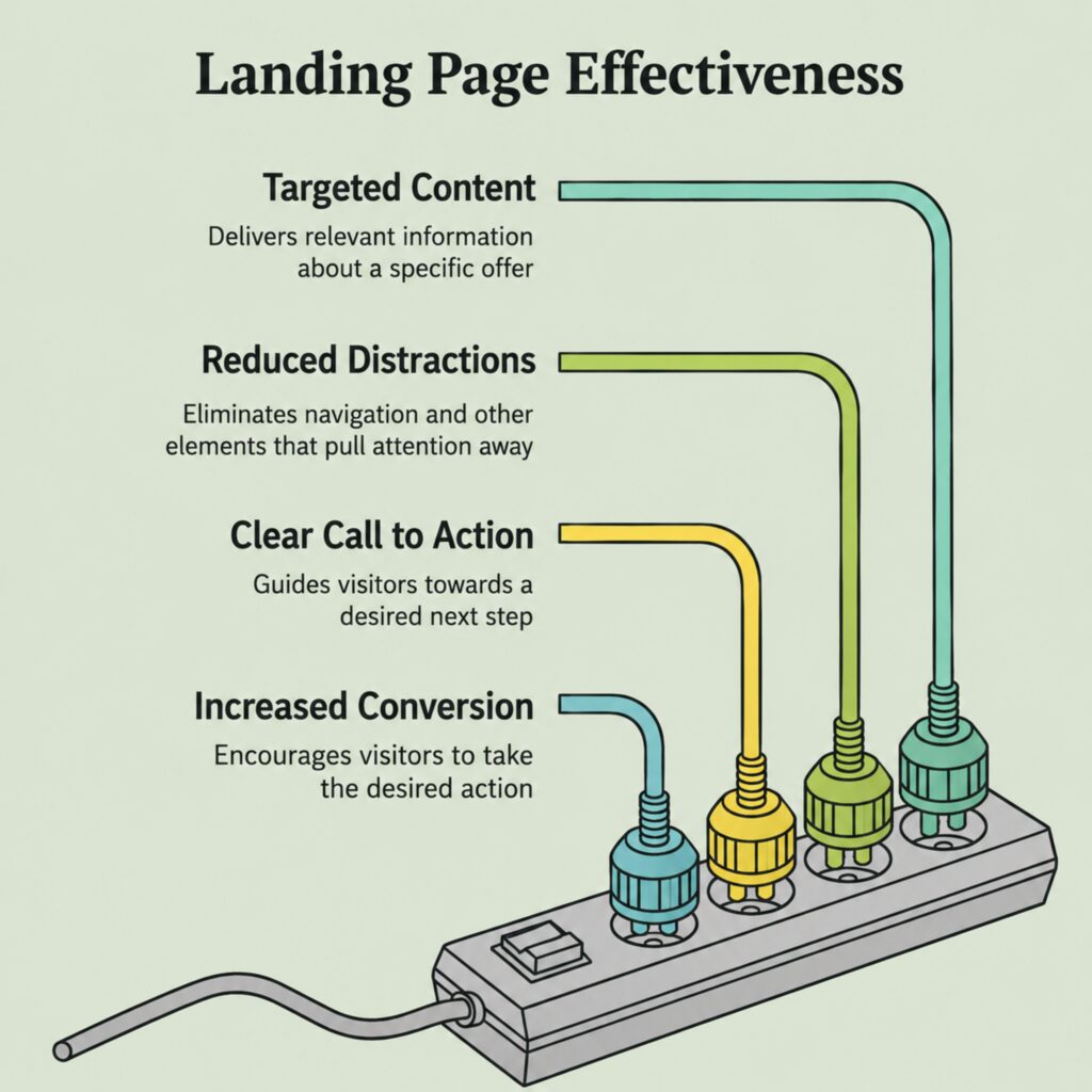 Landing Page Effectiveness infographic highlighting targeted content, reduced distractions, clear calls to action, and increased conversion through a focused landing page design.