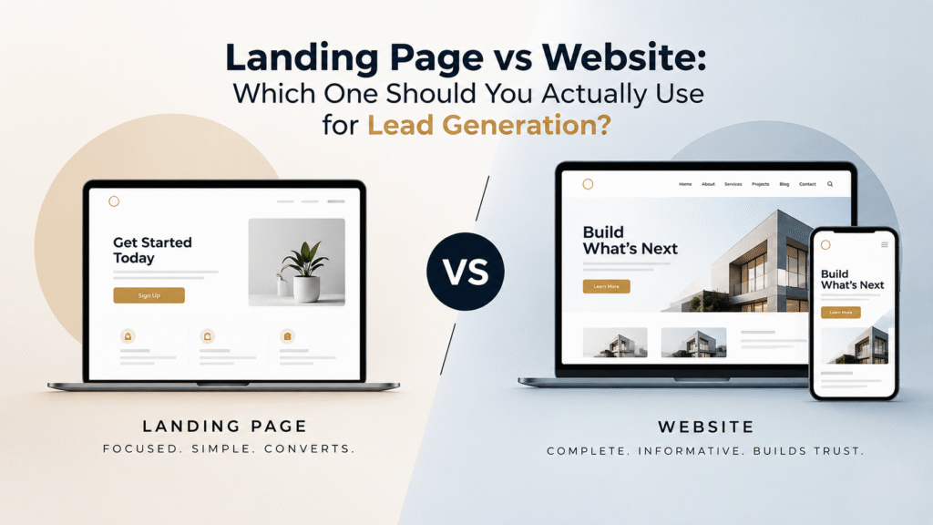 Landing Page vs Website – comparison showing a landing page focused on a single lead-generation goal versus a website with multiple goals and less focus.