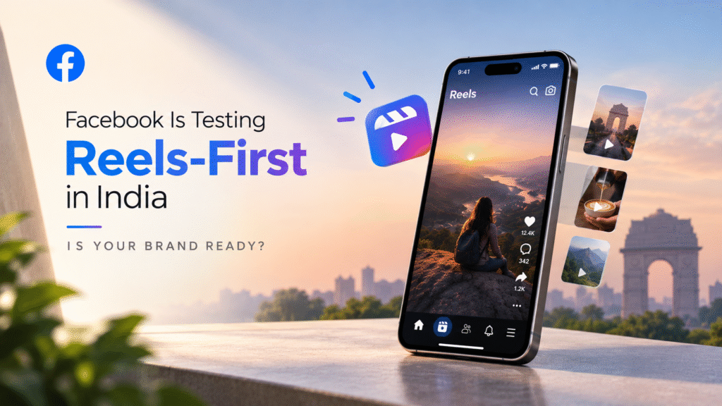 Facebook Reels-first experience in India featuring a smartphone displaying Reels videos, Facebook and Reels icons, and an India-inspired sunset background.